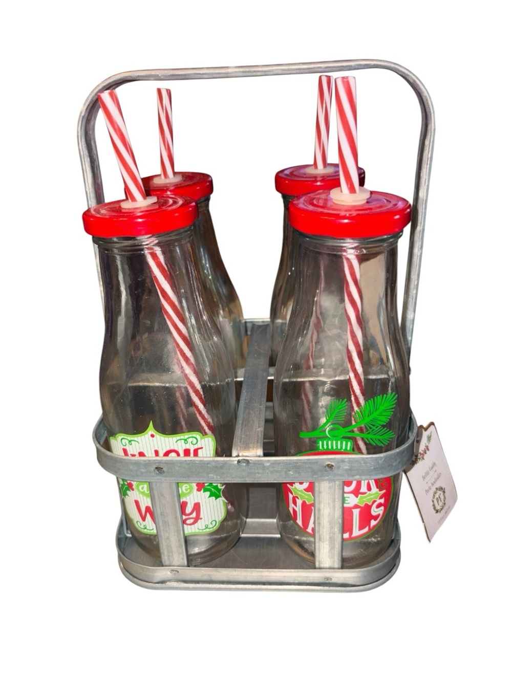 Set of pier One 4 Glass Milk Bottles with Red Lids & Striped Straws